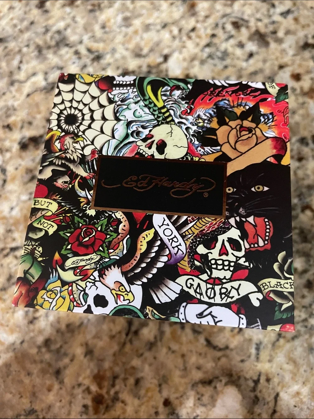 Ed Hardy Black Case Watch with Green Strap and Multi‑Accent Dial